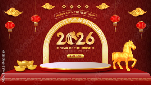 Celebrate 2026 Chinese New Year Year of the Horse Golden Stage With Lanterns and Prosperity