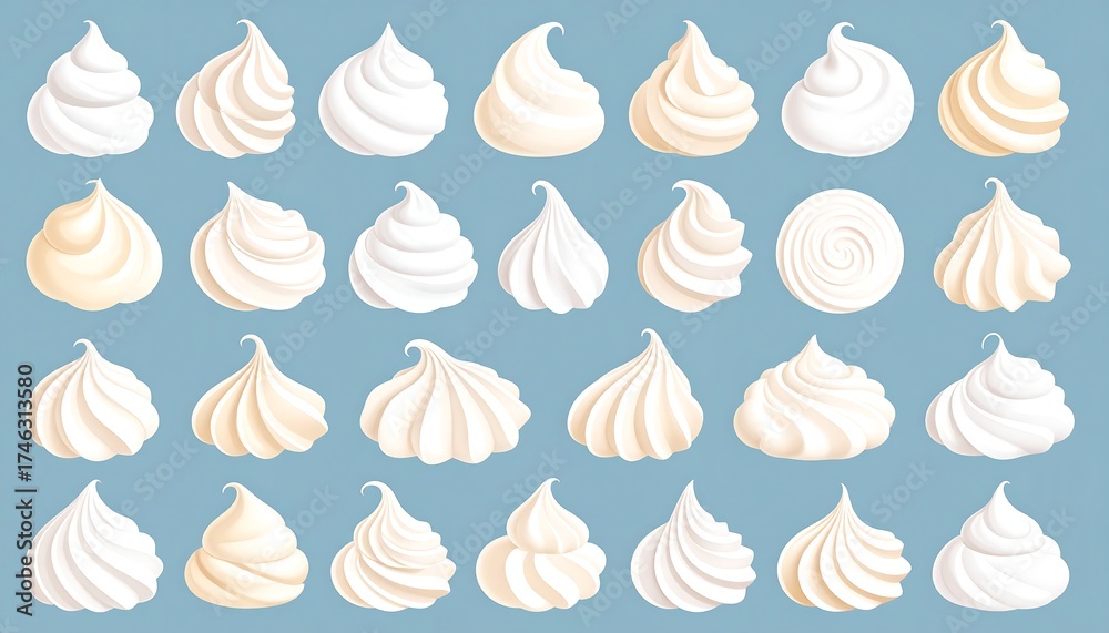 Fototapeta premium Creamy whipped dessert swirls in various shapes on a light blue backdrop