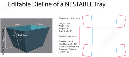 Teal nesting container diagram with dimensions and layout