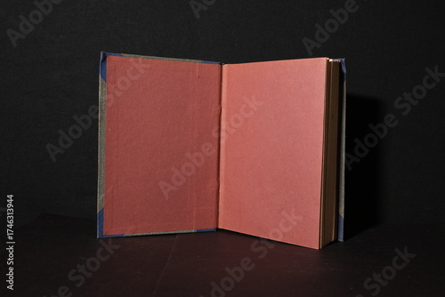 Antique book photographed open to reveal its plain red endpapers under soft studio light. The shot emphasizes the color contrast and fine texture of the vintage paper and cover cloth.
