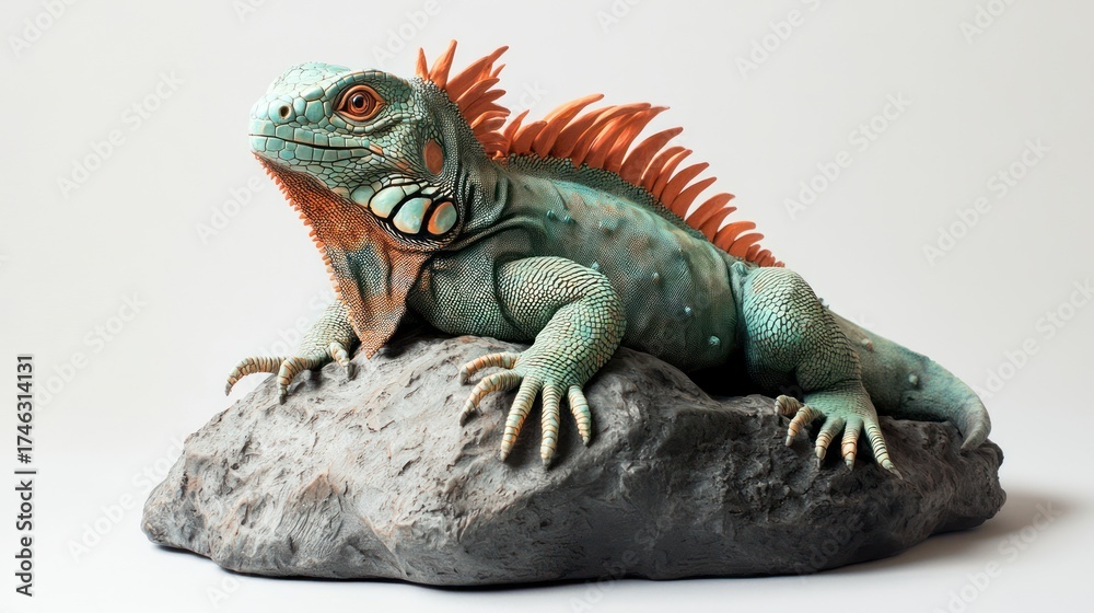 Obraz premium Teal iguana sculpture studio rock backdrop