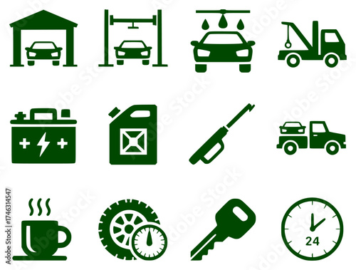 Automotive Service and Repair Icons Garage, Wash, Tow, Battery, Fuel, Key, and More
