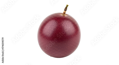 Isolated passion fruit of dark red color with pedicel on a light surface, still life