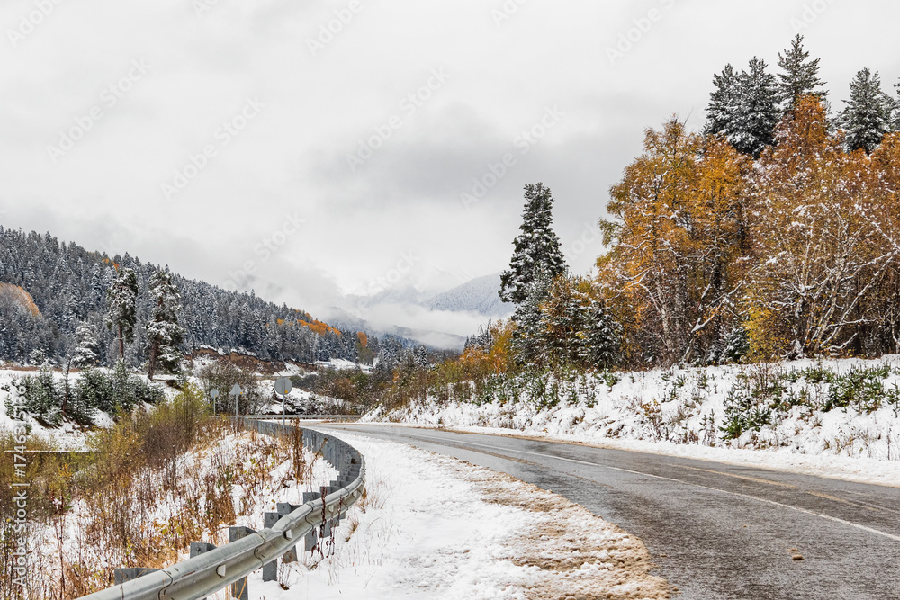 Obraz premium Winter road among the woods in the mountains
