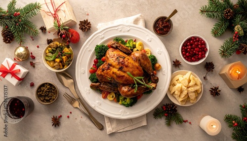 Fotografía aérea de mesa navideña con cena tradicional