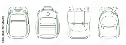 Collection of Four Backpack Line Art Illustrations