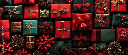 Festive Collection of Red and Green Wrapped Christmas Gifts and Decorations