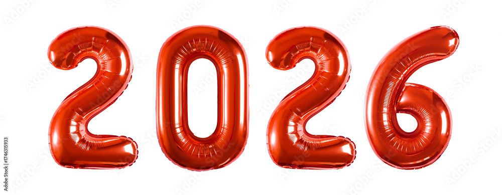 Obraz premium red inflatable balloons shaped as the numbers 2026, reflective metallic surface catching light, elegant festive look, isolated on a clean white background