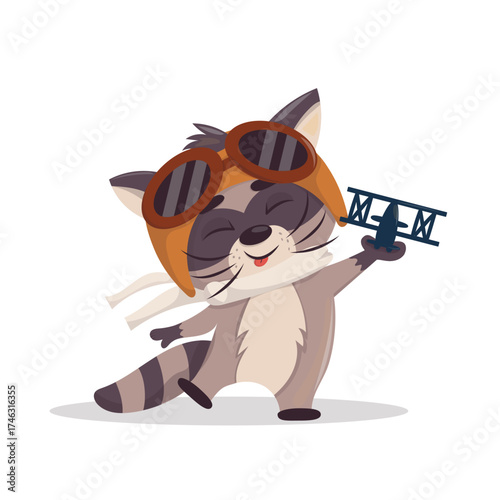 Cute raccoon pilot holding toy airplane illustration. Adorable cartoon raccoon wearing aviator goggles and scarf, happily playing with a toy airplane, perfect for children’s designs and aviation theme