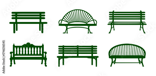 Collection of Six Green Park Benches in Various Styles