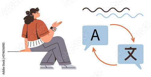 Woman in casual attire gesturing next to translation bubbles, arrows, and wavy lines representing speech flow. Ideal for linguistics, education, communication, global interaction, translation