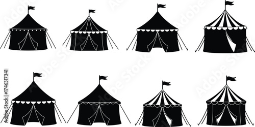 Circus tent silhouette set, black and white carnival clipart, fairground vector icons, graphic design elements, striped tent illustration