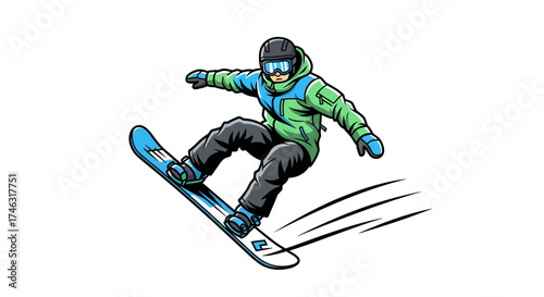 Snowboarder performing a jump trick on a snowboard.