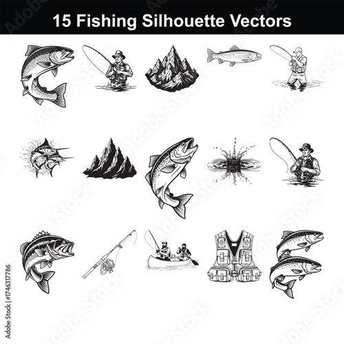 Vector art of collection of 15 fishing silhouette vectors, including various fish, anglers, mountains, and fishing gear,