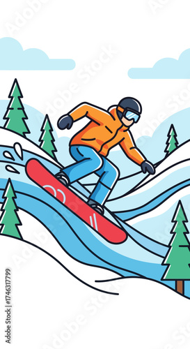 Snowboarder riding down a snowy slope with pine trees.