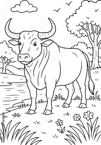 Black and white cartoon cow on a farm meadow, a cute animal vector illustration of domestic cattle