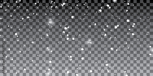 Realistic falling snow with snowflakes and clouds. Vector heavy snowfall, snowflakes in different shapes