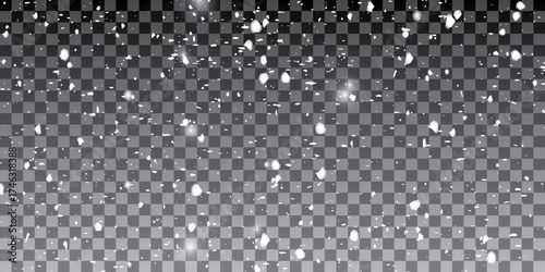 Realistic falling snow with snowflakes and clouds. Vector heavy snowfall, snowflakes in different shapes