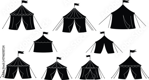 Circus tent silhouette collection, black and white carnival icons, fairground vector clipart, graphic design elements, minimal illustration
