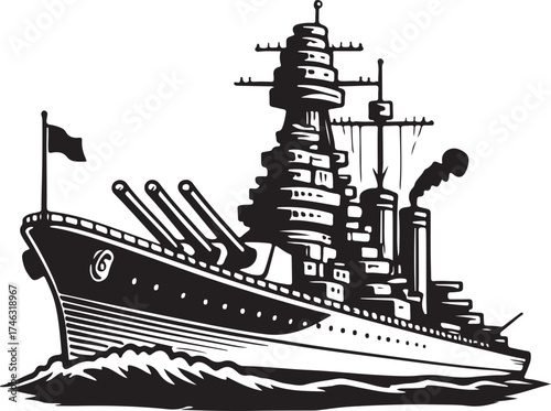 A black silhouette vector drawing of a cargo ship sailing on the sea