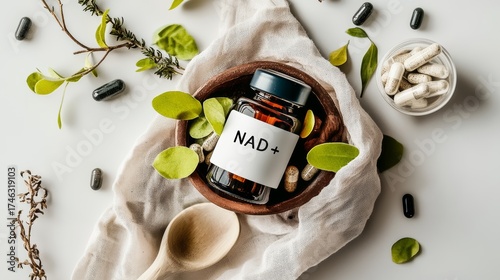 NAD vial with blue liquid, medical ampoule for health and longevity, clear glass bottle on light background with green leaves.