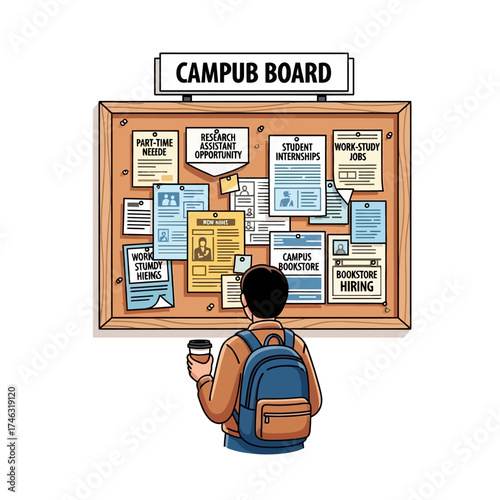 Student Looking at Campus Bulletin Board for Opportunities.