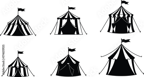 Circus tent silhouette set, black and white carnival vector, striped fairground icons, graphic illustration, symmetrical tent clipart