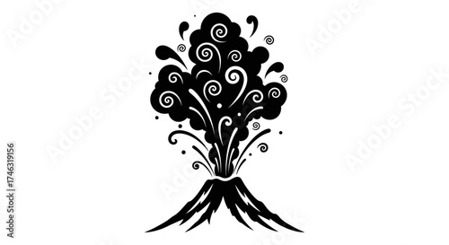 Stylized Black and White Illustration of an Exploding Volcano.