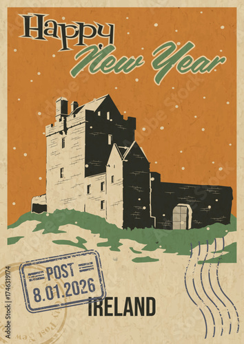 Ireland Attraction Postcard, Medieval Castle Illustration, Vector Template Retro Style Greeting Card. Postal Imprint, Aged Paper Texture, Snow