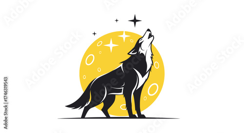 Stylized Wolf Howling at the Moon with Stars.