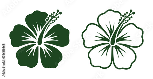 Two Stylized Hibiscus Flowers One Solid Green, One Outline