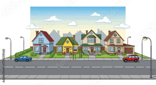 Suburban Neighborhood Street Scene with Houses and Cars.