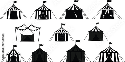 Circus tent silhouette set, black and white carnival icons, vintage fairground clipart, vector illustration, graphic design elements