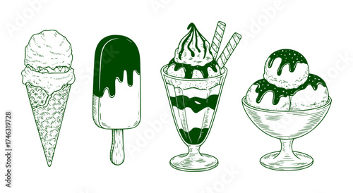 Vintage-style illustration of assorted ice cream treats in green ink
