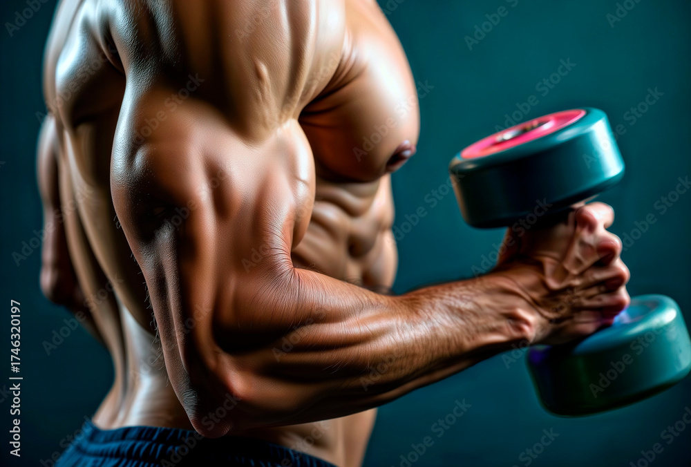 Naklejka premium Muscular arm curling dumbbell in gym close up.