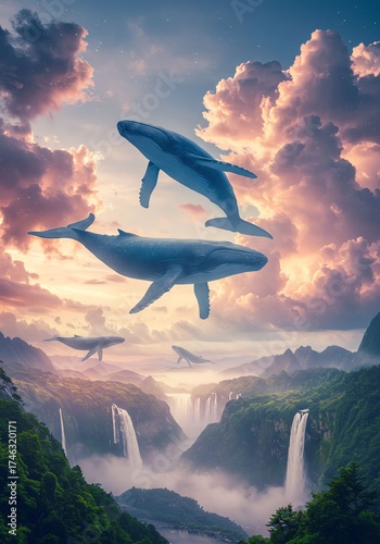 Gigantic Whales Flying Over Mountainous Landscape with Waterfalls and Sunset Sky