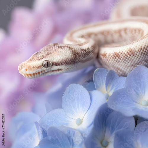 A close-up shot of a beige snake slithering over hydrangea petals with diffused purple light, expressing grace and tranquility.