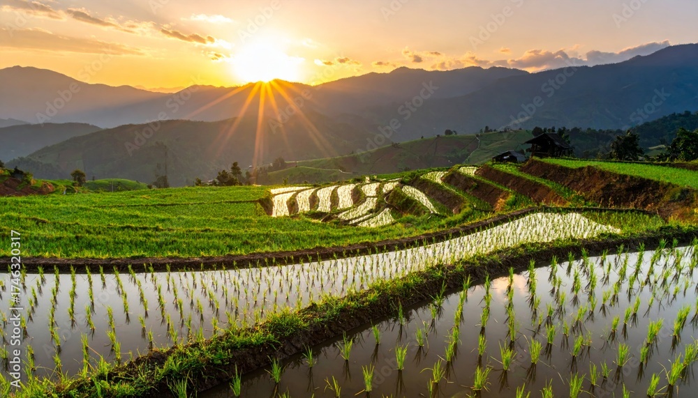 Fototapeta premium Sunlit green rice terraces in Bali, Asia, offer a spectacular mountain landscape view of terraced nature and agriculture