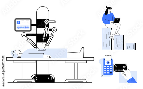 Robot performs surgery on patient, woman uses laptop while seated on tall blocks, hand processes card payment. Ideal for technology, medicine, innovation, remote work, AI, e-commerce digital