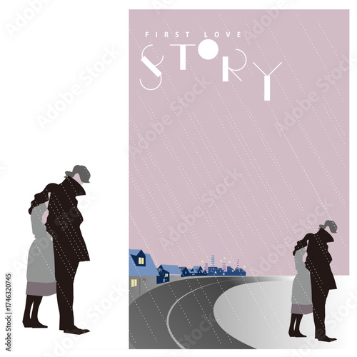 Stylish vector illustration of a couple parting ways in the rain. Perfect for book cover design, editorial use, romance or drama concepts, and emotional relationship themes.2