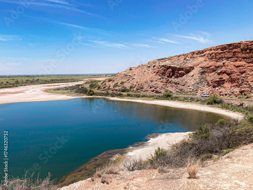 Scenic road alongside one of the sinkholes at Bottomless Lakes State Park outside Roswell, New Mexico, USA