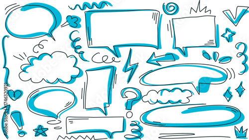 Hand drawn set of notes, arrows, lines, highlights, signs, and symbols with blue accent. Ink doodles and drawings in the style of diary entries. Vector elements