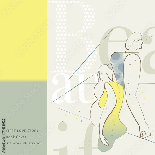Elegant Vector Line Art: Couple having a minor argument, clean background, book cover quality. Include the Japanese text 'Lovers leaning together.
