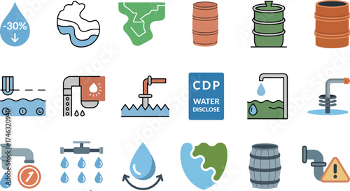 water stewardship icons vector – water usage drop, watershed map, rainwater harvesting, greywater recycling – ESG reporting set