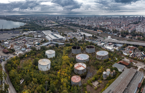 Aerial view to fuel tanks in industrial area near to harbor of Burgas, Bulgaria