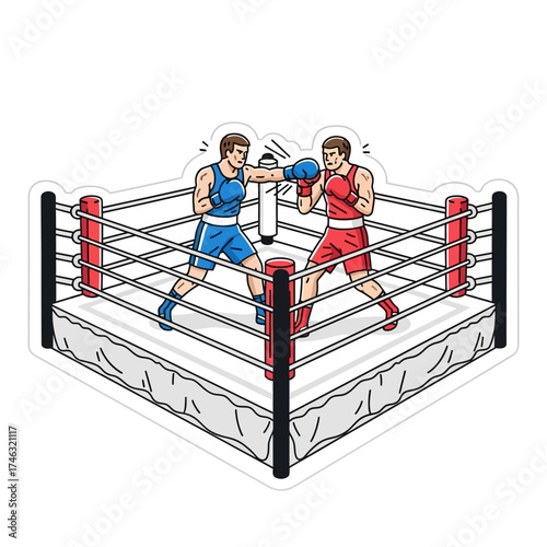 Two boxers fighting in a boxing ring during a match.