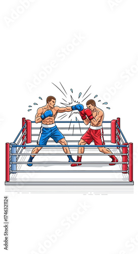 Two boxers fighting in a boxing ring during a match.
