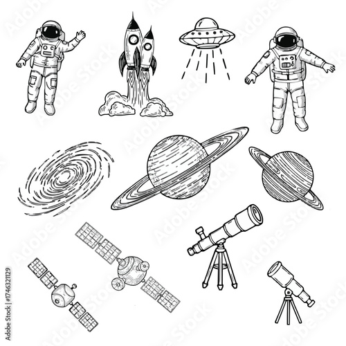 Cosmic elements collection astronauts rockets planets galaxies and telescopes hand drawn art isolated on white background
