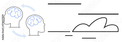 Two brains interconnected with arrows, representing idea flow and brainstorming concepts with cloud-thumbs up imagery. Ideal for teamwork, innovation, learning, creativity, communication, growth