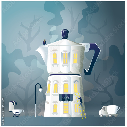 Flat illustration of a house shaped like a moka pot with a man and woman symbolizing a love story. Conceptual vector art, perfect for novel book cover design, publishing projects, or editorial use.
